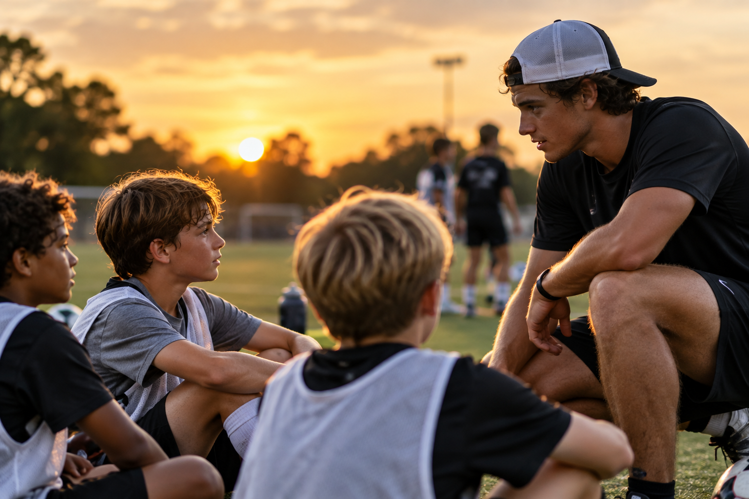 Youth soccer players celebrating together on the field